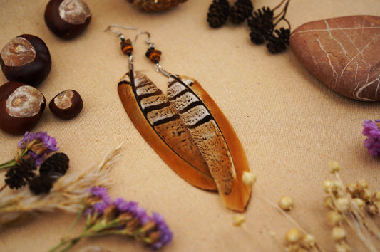Federohrringe Königsfasan – Boho Schmuck, handgemacht, 13–15 cm, ultraleicht