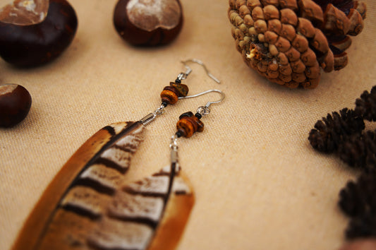 Federohrringe Königsfasan – Boho Schmuck, handgemacht, 13–15 cm, ultraleicht