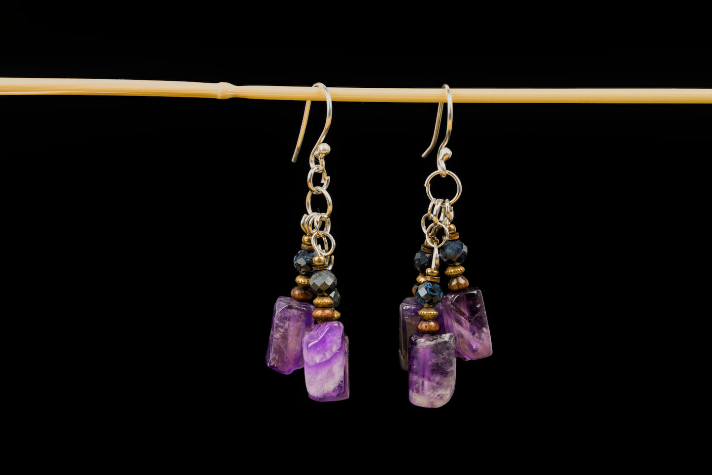 Amethyst Ohrringe aus 925 Silber – handgemacht mit Pietersit, Holz & Messing | natürliche Edelstein Ohrringe