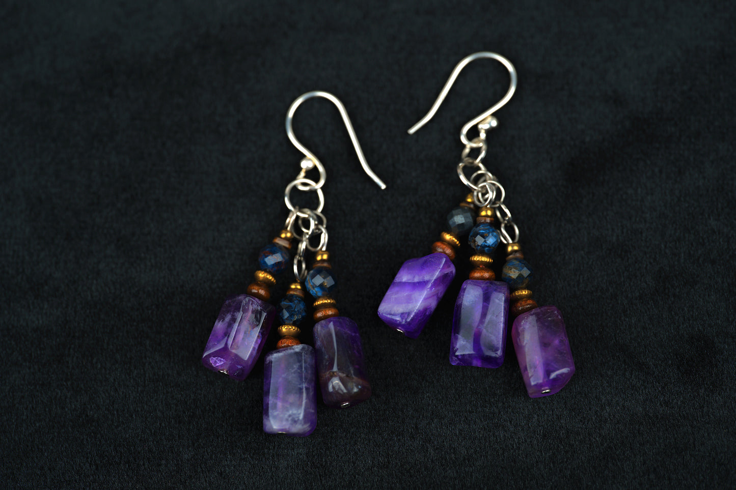 Amethyst Ohrringe aus 925 Silber – handgemacht mit Pietersit, Holz & Messing | natürliche Edelstein Ohrringe