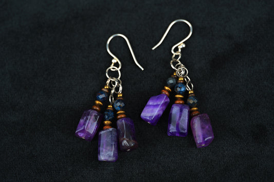 Amethyst Ohrringe aus 925 Silber – handgemacht mit Pietersit, Holz & Messing | natürliche Edelstein Ohrringe