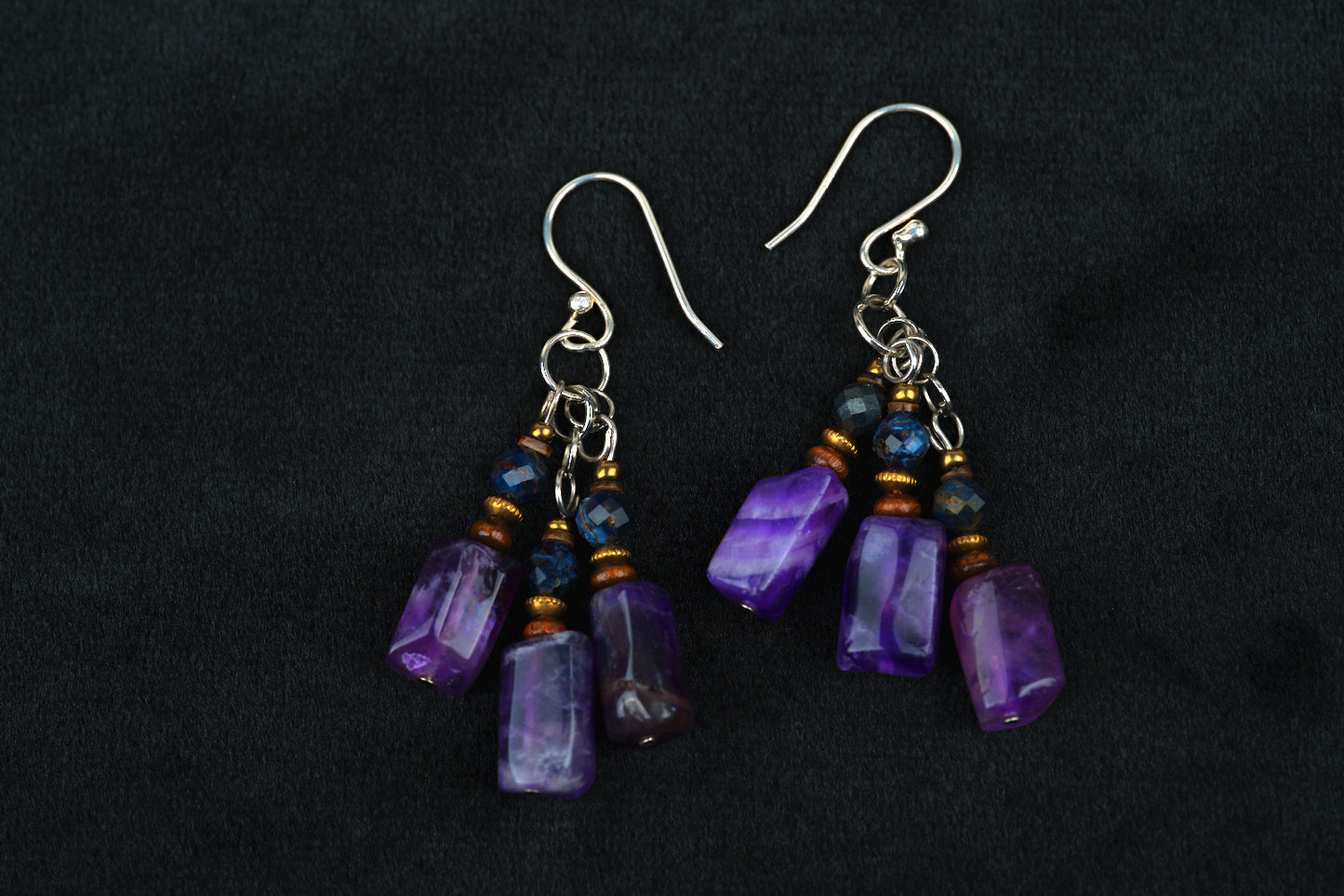 Amethyst Ohrringe aus 925 Silber – handgemacht mit Pietersit, Holz & Messing | natürliche Edelstein Ohrringe