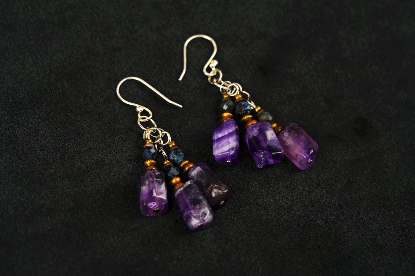 Amethyst Ohrringe aus 925 Silber – handgemacht mit Pietersit, Holz & Messing | natürliche Edelstein Ohrringe