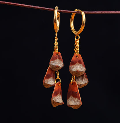 Small Pine Cone Drop Earrings in a Cluster on Gold Chains – view 2