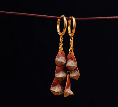 Small Pine Cone Drop Earrings in a Cluster on Gold Chains – view 4