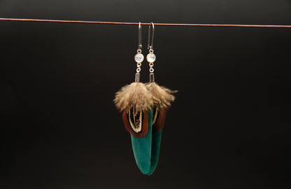 Feather Earrings with White Labradorite in Silver – Green Goose Feather – view 7