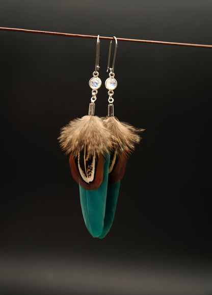 Feather Earrings with White Labradorite in Silver – Green Goose Feather