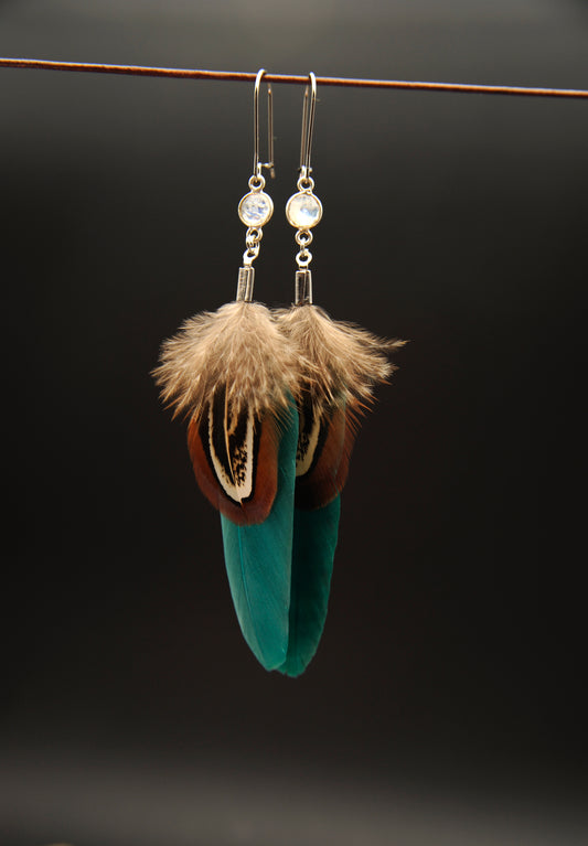 Feder Ohrringe mit weißem Labradorit in Silber – Grüne Gänsefeder, Wildfasan Rupffeder