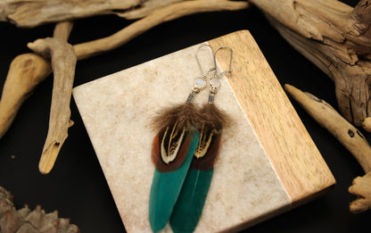 Feather Earrings with White Labradorite in Silver – Green Goose Feather – view 3