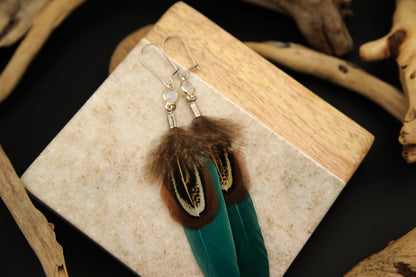Feather Earrings with White Labradorite in Silver – Green Goose Feather – view 4