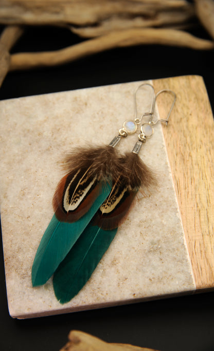 Feather Earrings with White Labradorite in Silver – Green Goose Feather – view 5