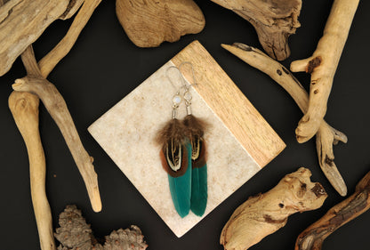 Feather Earrings with White Labradorite in Silver – Green Goose Feather – view 8