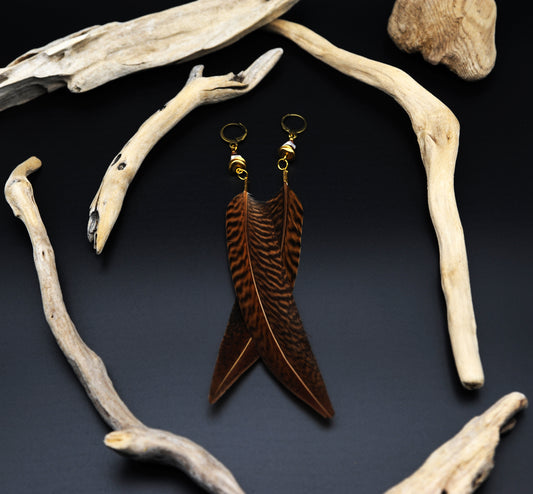 Federohrringe Goldfasan – Boho Schmuck, handgemacht, 13–15 cm, ultraleicht