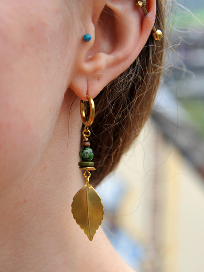 Verdant Leaf – Earrings with Golden Leaves & Green Turquoise Bead – view 4
