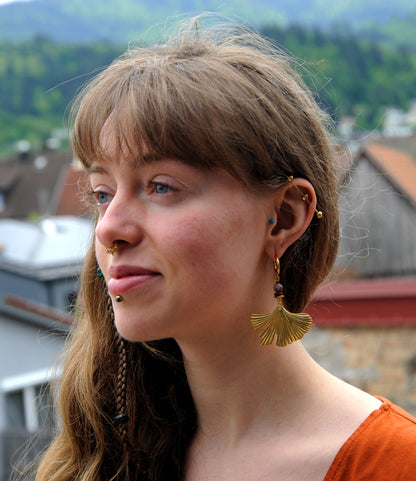 Golden Ginkgo – Earrings with Lava Bead & Brass Disc – view 3