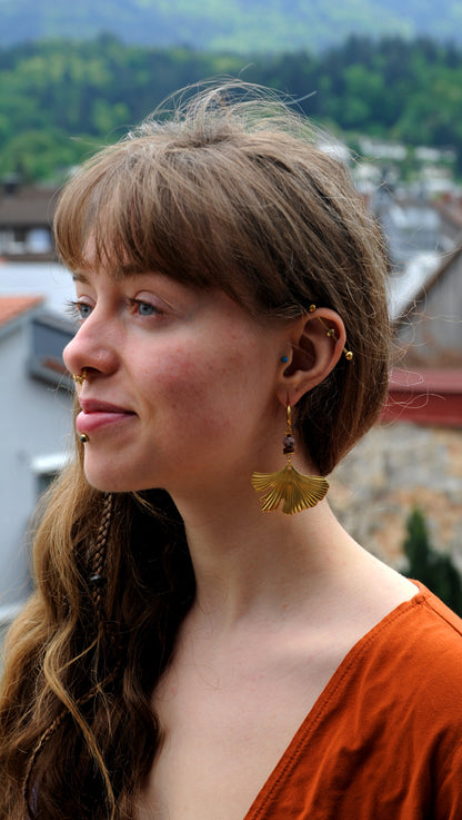 Golden Ginkgo – Earrings with Lava Bead & Brass Disc – view 2