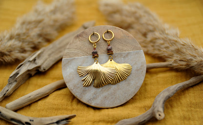 Golden Ginkgo – Earrings with Lava Bead & Brass Disc – view 6