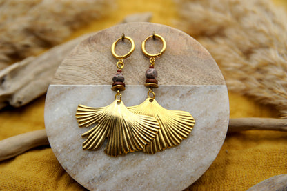 Golden Ginkgo – Earrings with Lava Bead & Brass Disc