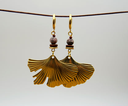 Golden Ginkgo – Earrings with Lava Bead & Brass Disc – view 5