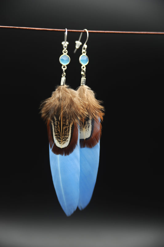 Feder Ohrringe mit Chalcedon in Silber – Hellblaue Gänsefeder, Wildfasan Rupffeder