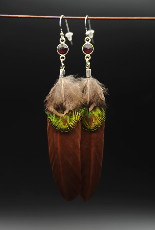 Federohrringe mit Pfauenfeder & Granat in Silber | Natur Ohrringe