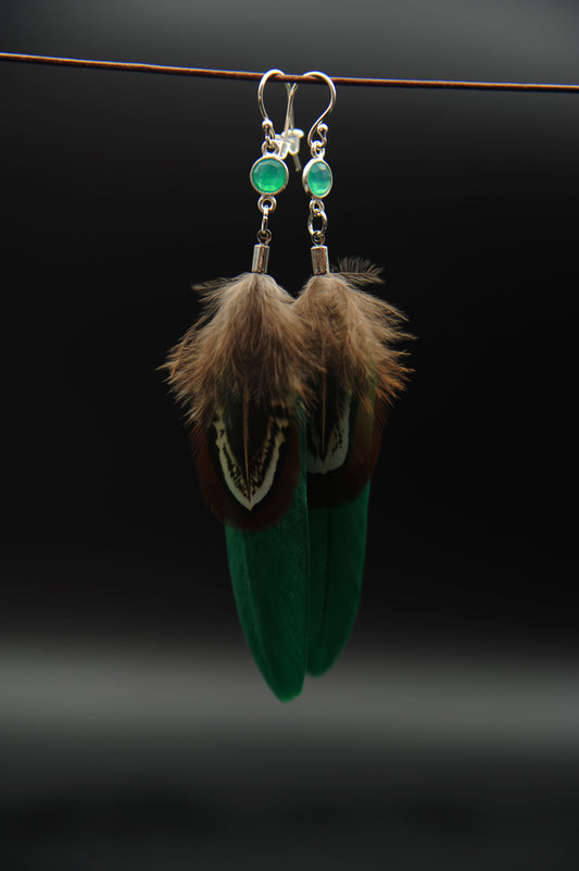 Grüne Federohrringe aus natürlichen Phasan Federn | Amazonit in 925 Silber | Ohrring mit Feder | Braunblauer Federschmuck