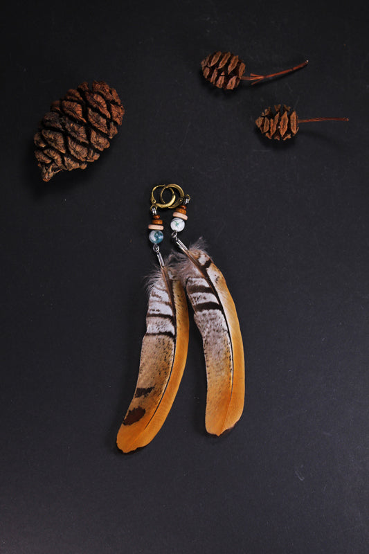 Federohrringe Königsfasan – Boho Schmuck, handgemacht, 13–15 cm, ultraleicht