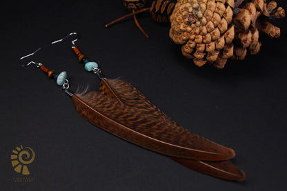 Golden Pheasant Feather Earrings with Mint Green Chips & Wooden Beads