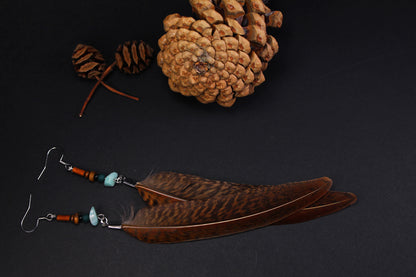 Golden Pheasant Feather Earrings with Mint Green Chips & Wooden Beads – view 2