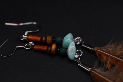 Golden Pheasant Feather Earrings with Mint Green Chips & Wooden Beads – view 3