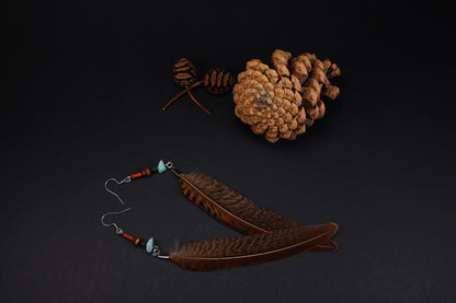 Golden Pheasant Feather Earrings with Mint Green Chips & Wooden Beads – view 4