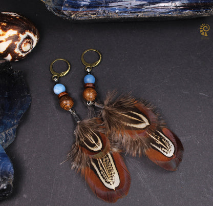 Small Feather Earrings Made from Common Pheasant Feathers with Blue Mineral Bead