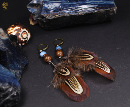 Small Feather Earrings Made from Common Pheasant Feathers with Blue Mineral Bead – view 3