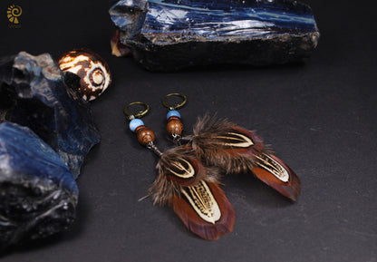 Small Feather Earrings Made from Common Pheasant Feathers with Blue Mineral Bead – view 6