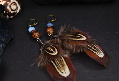 Small Feather Earrings Made from Common Pheasant Feathers with Blue Mineral Bead – view 7