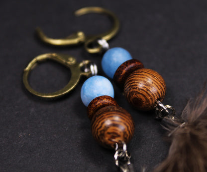 Small Feather Earrings Made from Common Pheasant Feathers with Blue Mineral Bead – view 4
