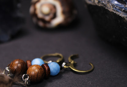 Small Feather Earrings Made from Common Pheasant Feathers with Blue Mineral Bead – view 5
