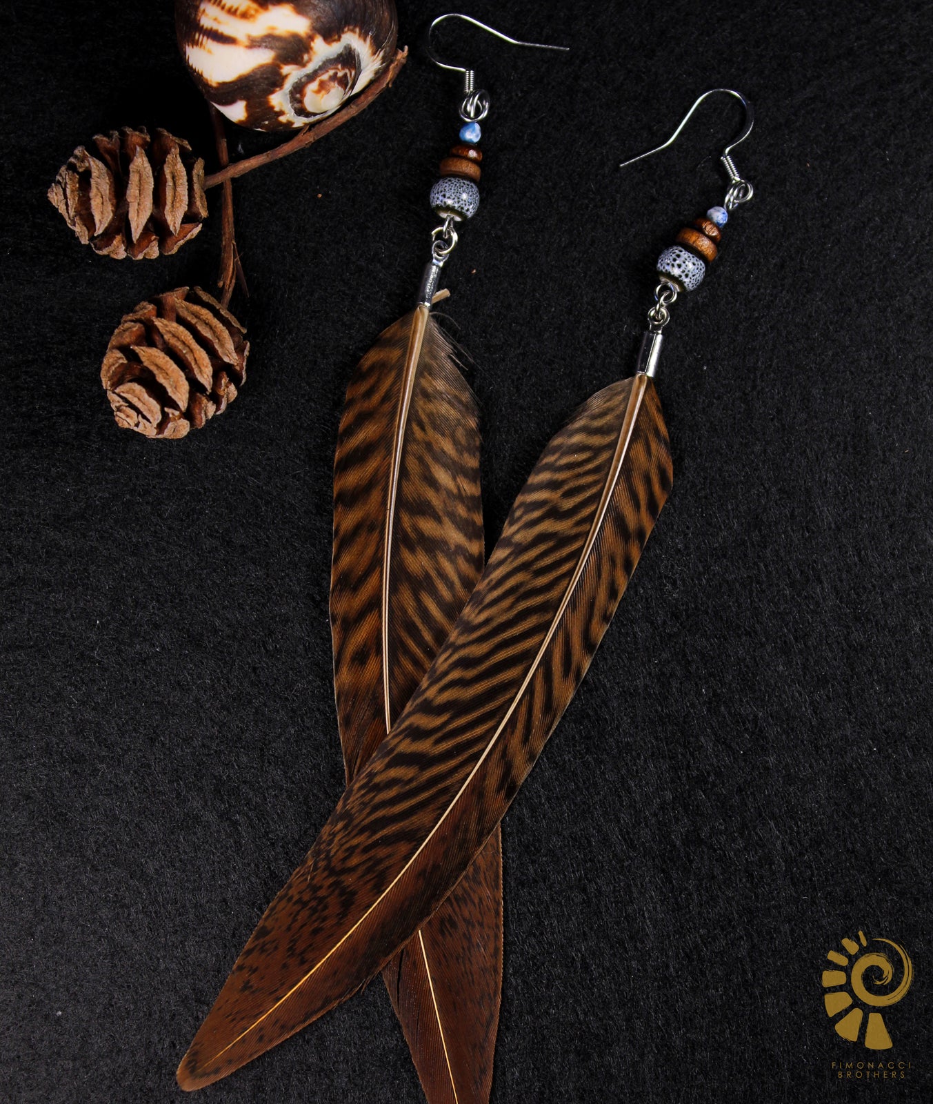Federohrringe Goldfasan – Boho Schmuck, handgemacht, 13–15 cm, ultraleicht