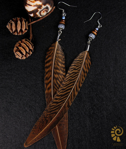 Federohrringe Goldfasan – Boho Schmuck, handgemacht, 13–15 cm, ultraleicht