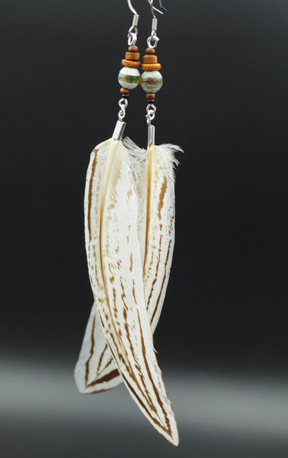 Long Silver Pheasant Feather Earrings with Green Ceramic Beads – view 5