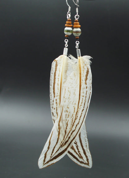 Long Silver Pheasant Feather Earrings with Green Ceramic Beads