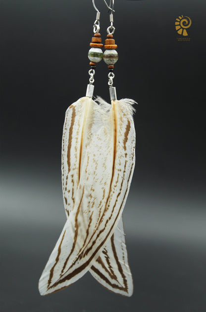 Long Silver Pheasant Feather Earrings with Green Ceramic Beads – view 6
