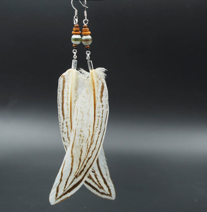 Long Silver Pheasant Feather Earrings with Green Ceramic Beads – view 8