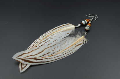 Long Silver Pheasant Feather Earrings with Green Ceramic Beads – view 2
