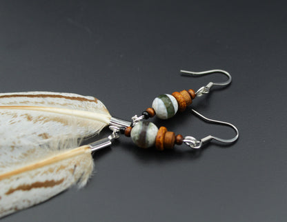 Long Silver Pheasant Feather Earrings with Green Ceramic Beads – view 4