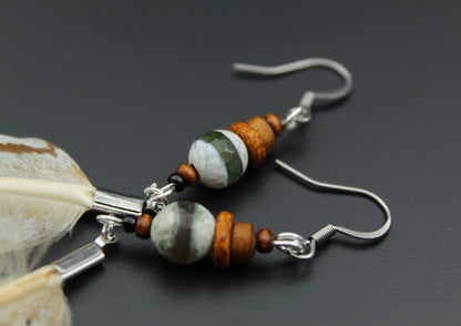 Long Silver Pheasant Feather Earrings with Green Ceramic Beads – view 7