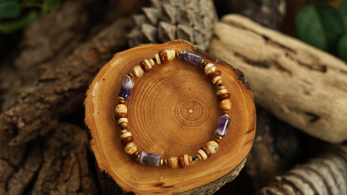 Amethyst Bracelet with Dzi & Ceramic Beads – Stretch, Boho Crystal Bracelet