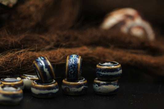 Blue and White Ceramic Dread Beads – Set of 3, Glazed, Ø 11 mm
