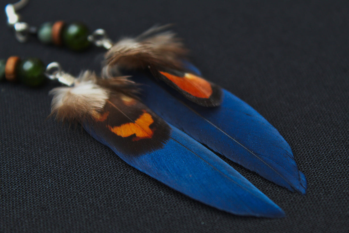 Blaue Doppelfeder Ohrringe – Detail