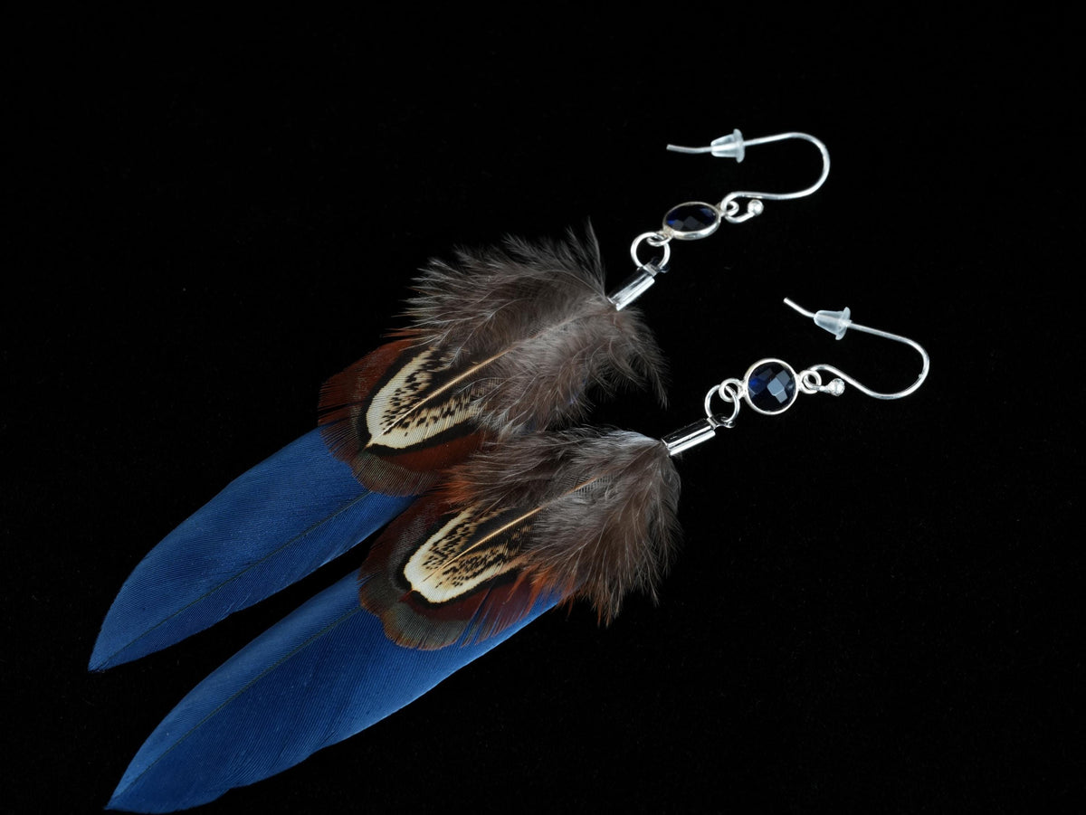 Blue Feather Earrings with Glass Cabochon in 925 Silver – Goose Feather & Common Pheasant – view 10